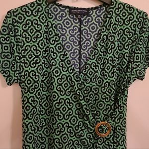 JNY | Dress, Petite, Faux-Wrap, Cap-Sleeve, Clover Spiral, (Green/Blue) - PM